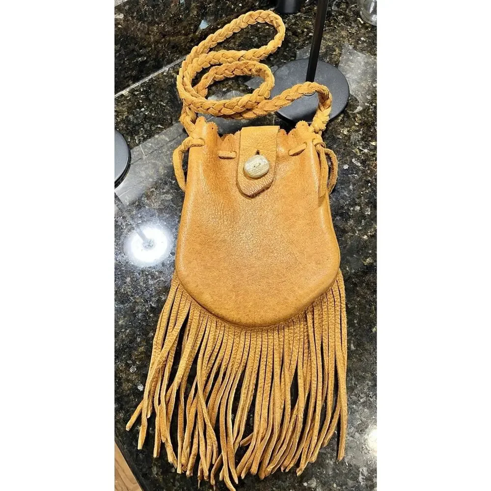 Wolf River TN Crossbody Bag Hand Sewn Tan Fringe Leather Satchel Unisex